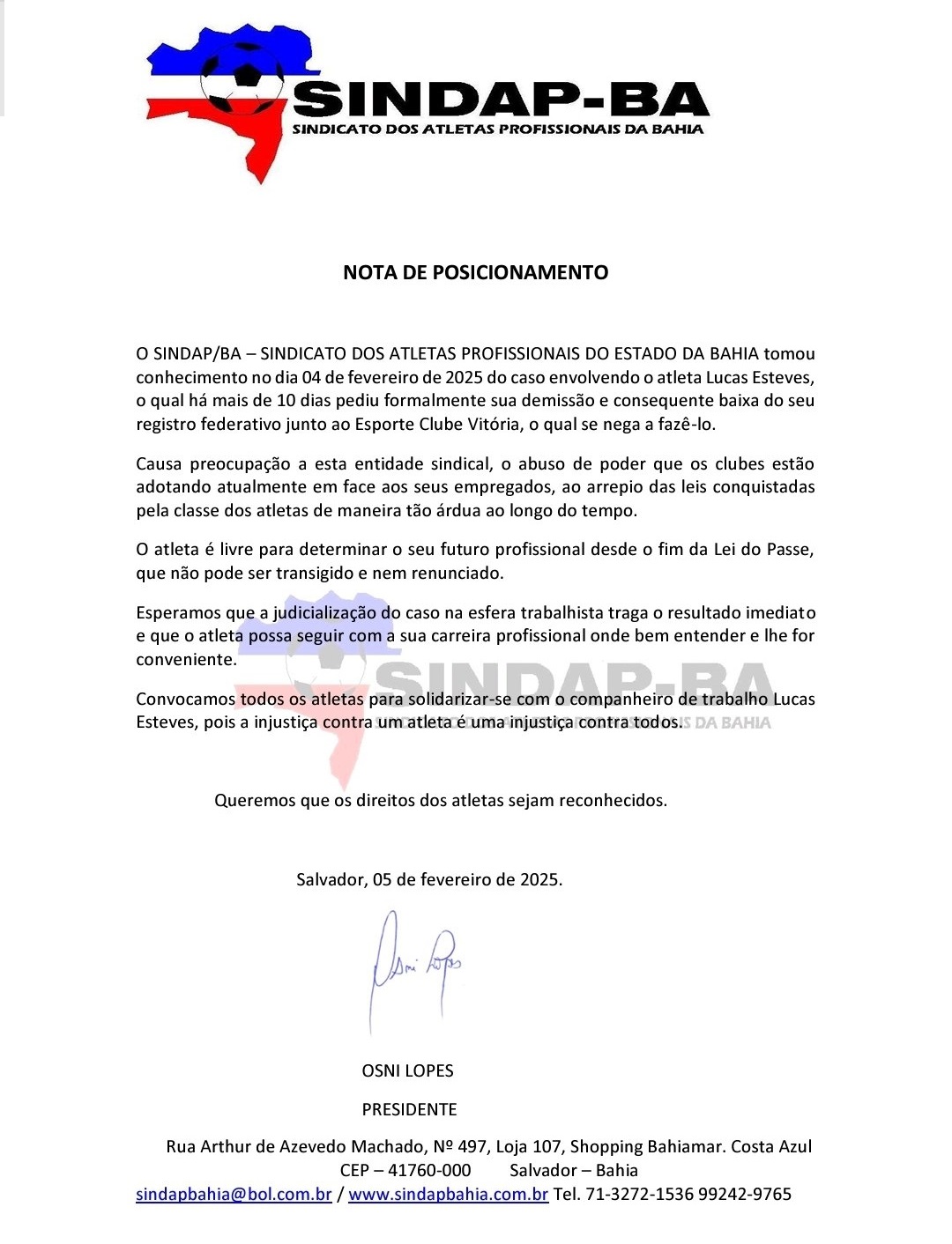 Print do comunicado do Sindap-BA