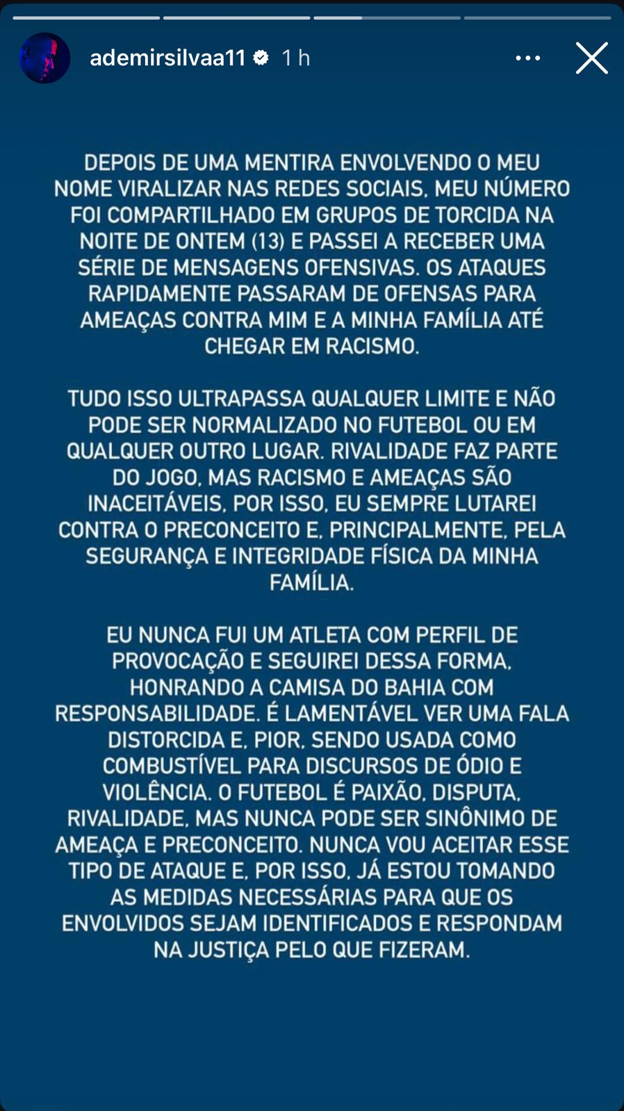 Nota de Ademir, publicada nas redes sociais