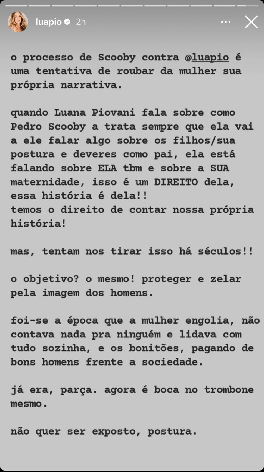 Luana Piovani compartilha reflexão após filho defender Pedro Scooby