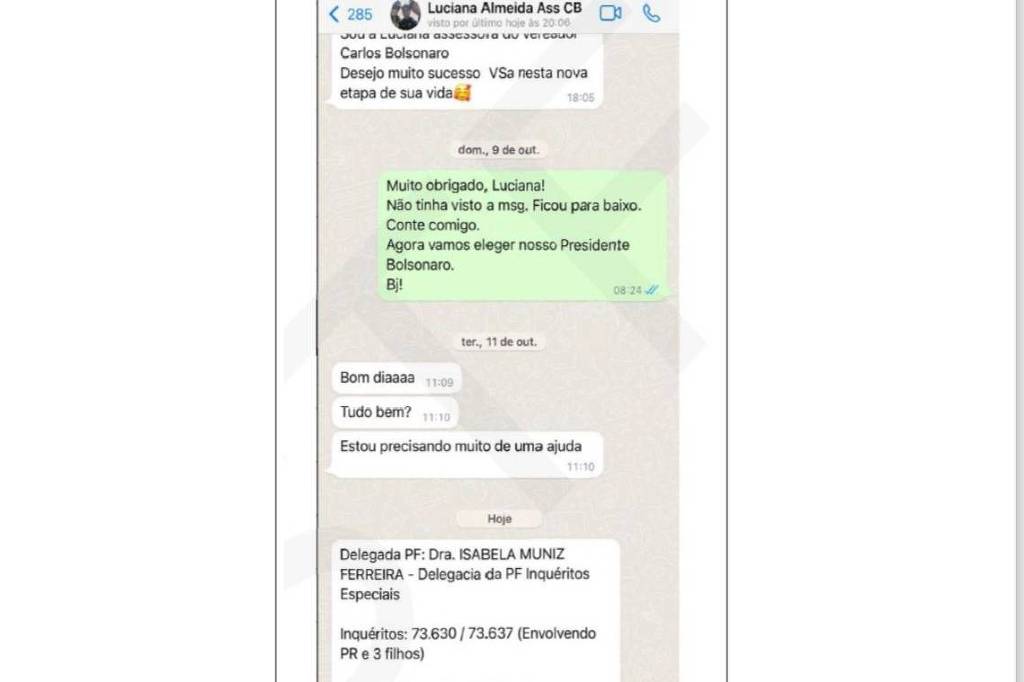 Print de conversa entre Ramagem e assessora de Carlos Bolsonaro que fundamentou ação da PF - Reprodução
