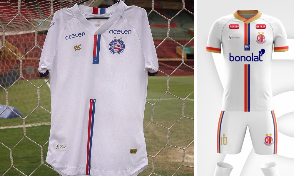 Comparação dos uniformes brancos da Penapolense e do Bahia
