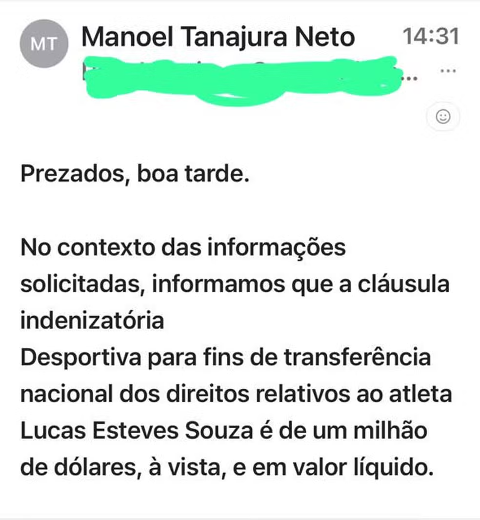 E-mail encaminhado ao Grêmio, pelo diretor de futebol do Vitória