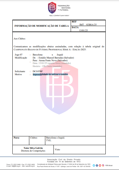 Documento da FBF sobre a mudança no local do jogo