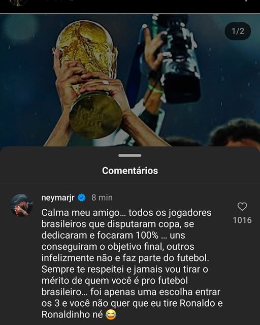 Neymar responde post com crítica de Rivaldo