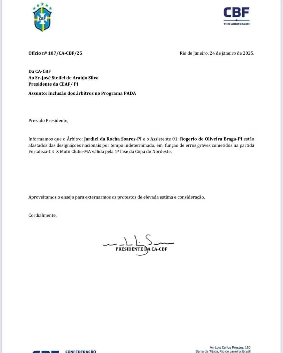 Ofício da CBF para Federação Piauiense