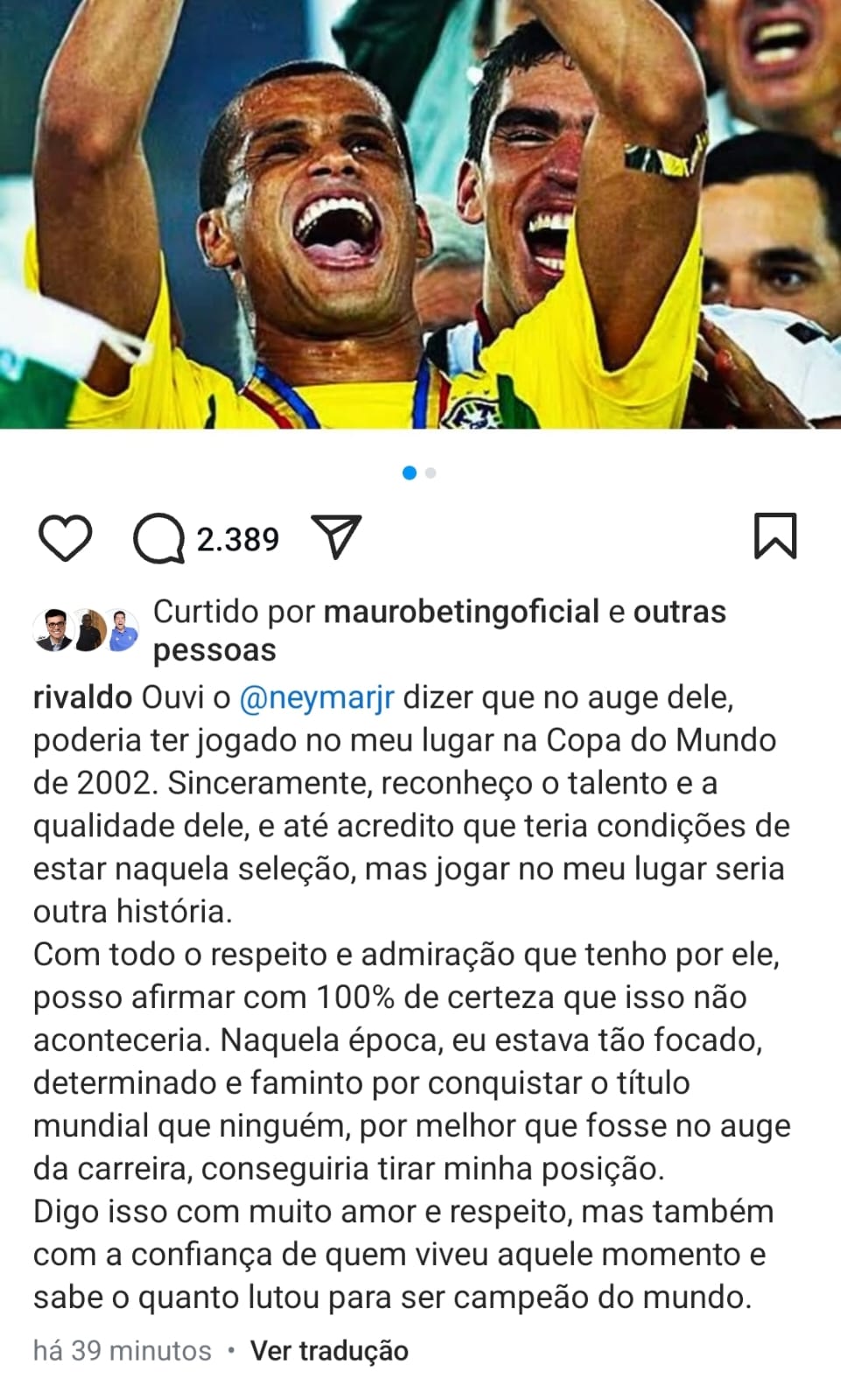 Rivaldo faz post rebatendo Neymar