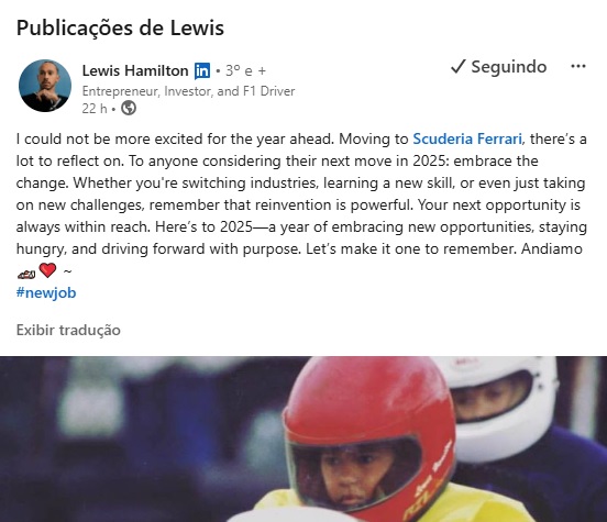 Print de tela da página do Lewis Hamilton no LinkedIn - Foto: Reprodução / Redes Sociais / LinkedIn / @sirlewishamilton