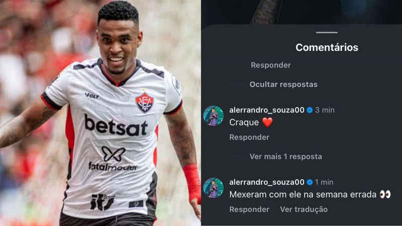 Foto de Alerrandro e de um comentário dele em publicação de Matheusinho - Foto: Victor Ferreira / EC Vitória / Montagem BNews