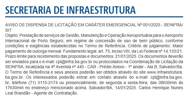 Aviso de Dispensa de Licitação