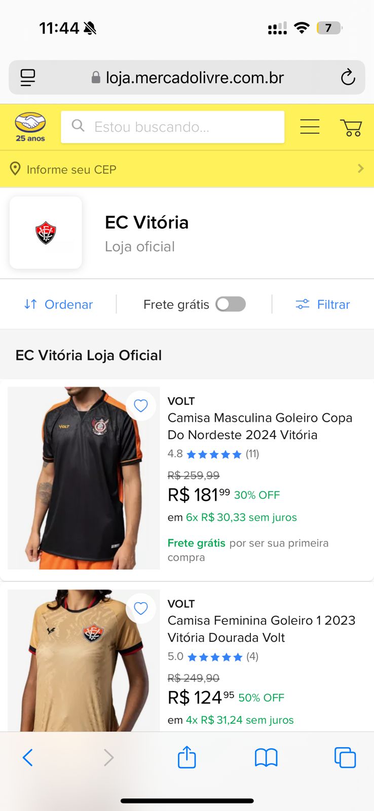 Print de tela da Loja do Vitória no Mercado Livre acessada por um celular- Foto: Reprodução