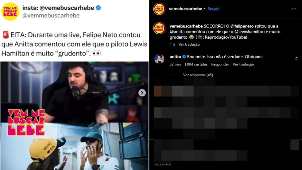 Anitta desmente Felipe Neto após fala envolvendo Lewis Hamilton; veja o