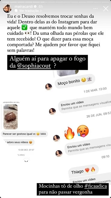 Maíra Cardi expõe mensagens ousadas enviadas para namorado: 'Alguém para apagar o fogo?'