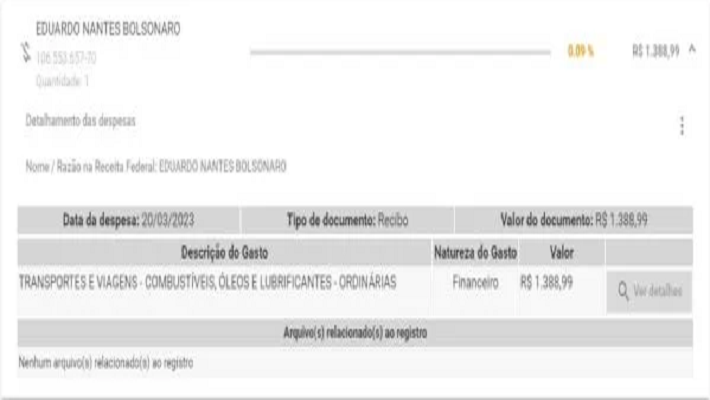 Print de registro de pagamento do Partido Liberal para Eduardo Bolsonaro, filho do ex-presidente Jair Messias Bolsonaro