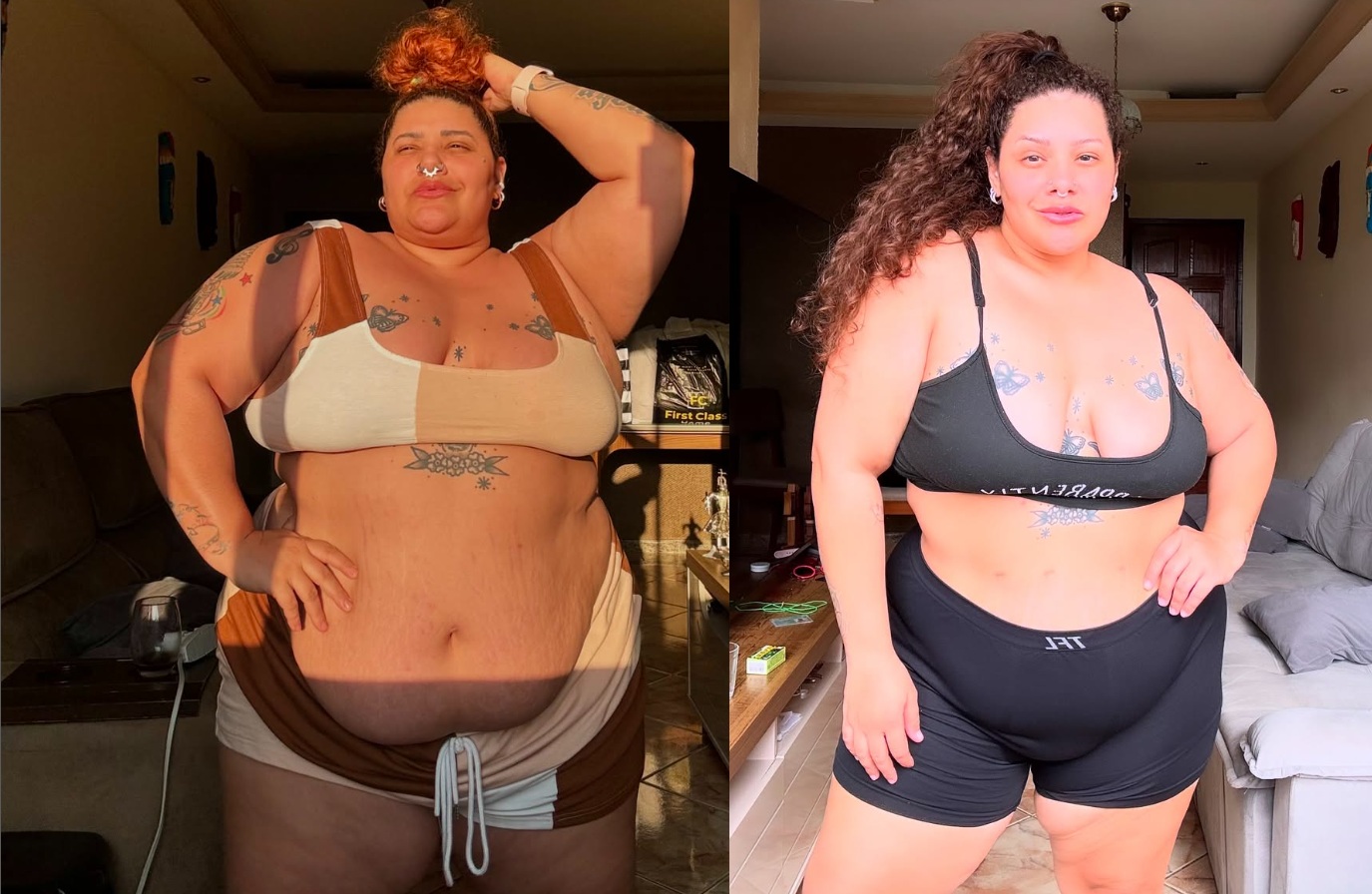 Aila Menezes antes da bariátrica (à esquerda) e oito meses depois da cirurgia (à direita) — Foto: Reprodução/Instagram