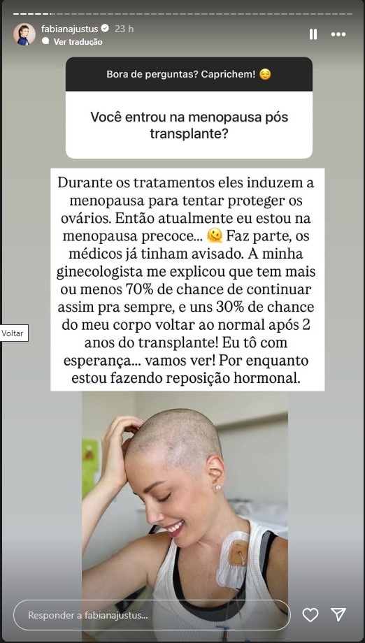 Fabiana Justus revela menopausa precoce durante tratamento contra câncer: “Faz parte” Reprodução: Instagram