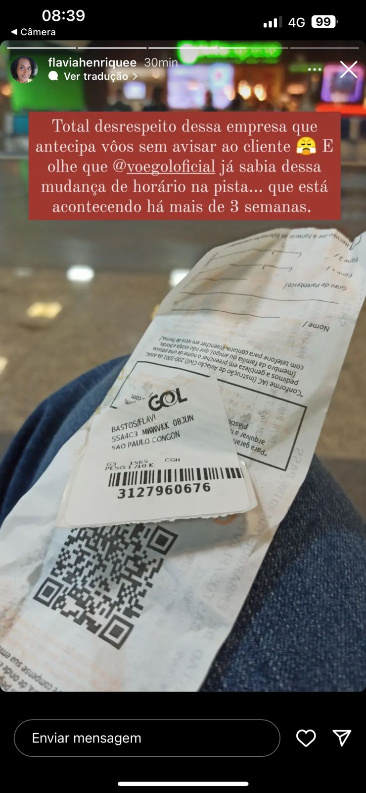 Passageira reclama de problema com companhia aérea