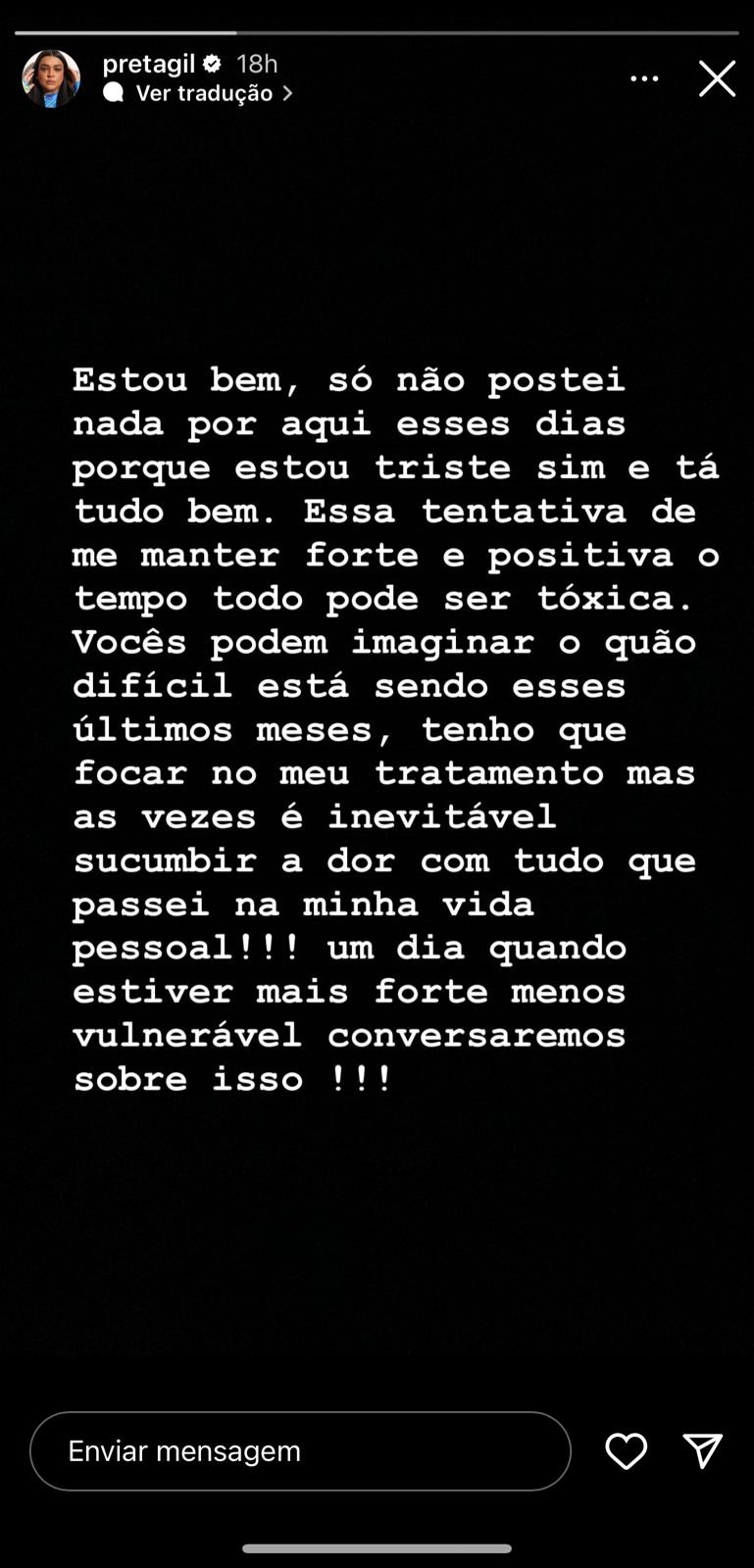 Preta Gil reaparece nas redes sociais e faz revelações sobre últimos meses; veja relato