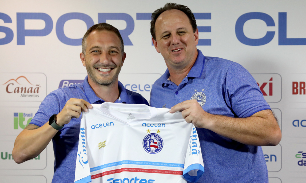 Rogério Ceni e o diretor de futebol, Cadu Santoro, na apresentação oficial em setembro de 2023