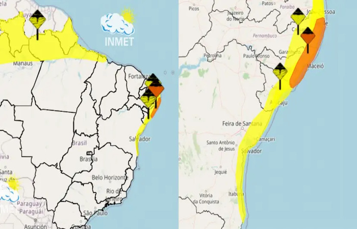 Alerta engloba parte do litoral leste do Nordeste. Foto: Reprodução/Inmet 