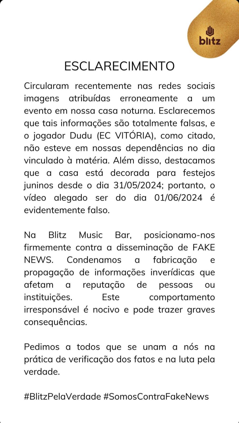 Nota oficial da Blitz Music Bar
