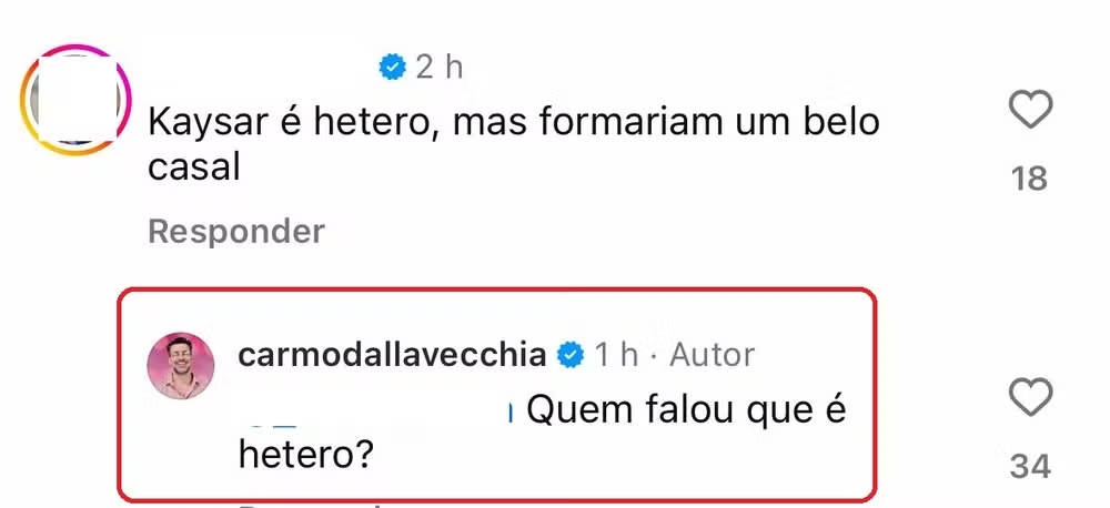 comentario no instagram de carmo dalla vecchia