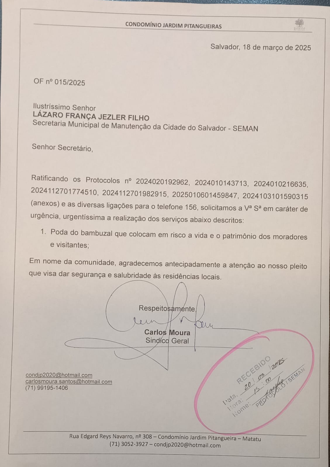 Ofício protocolado pelo administrador do condomínio.
