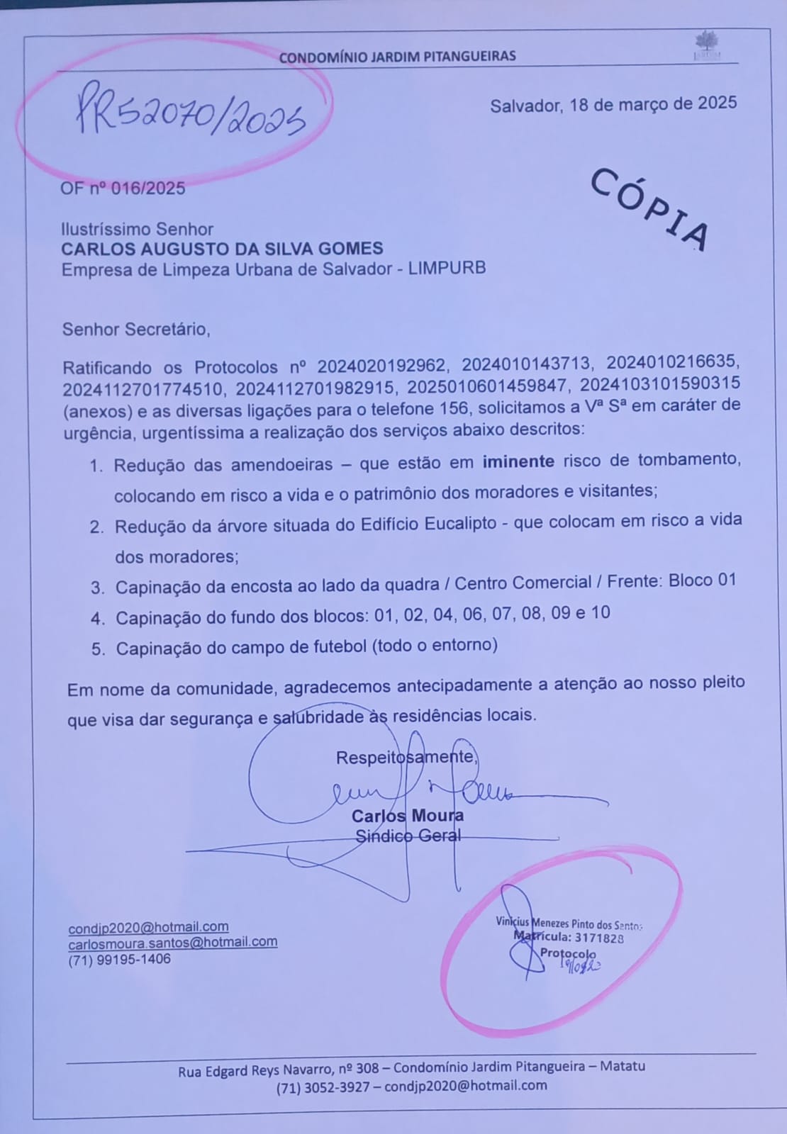 Ofício protocolado pelo administrador do condomínio.