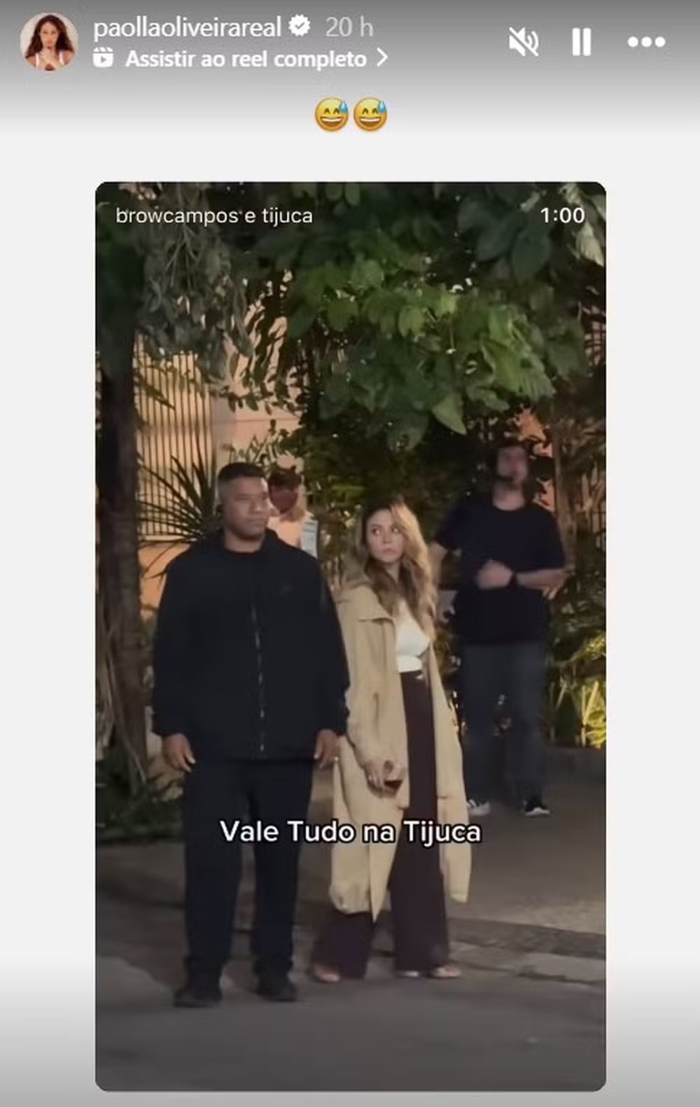 Paolla Oliveira reposta vídeo de gravação de 'Vale tudo' na Tijuca — Foto: Reprodução/Instagram