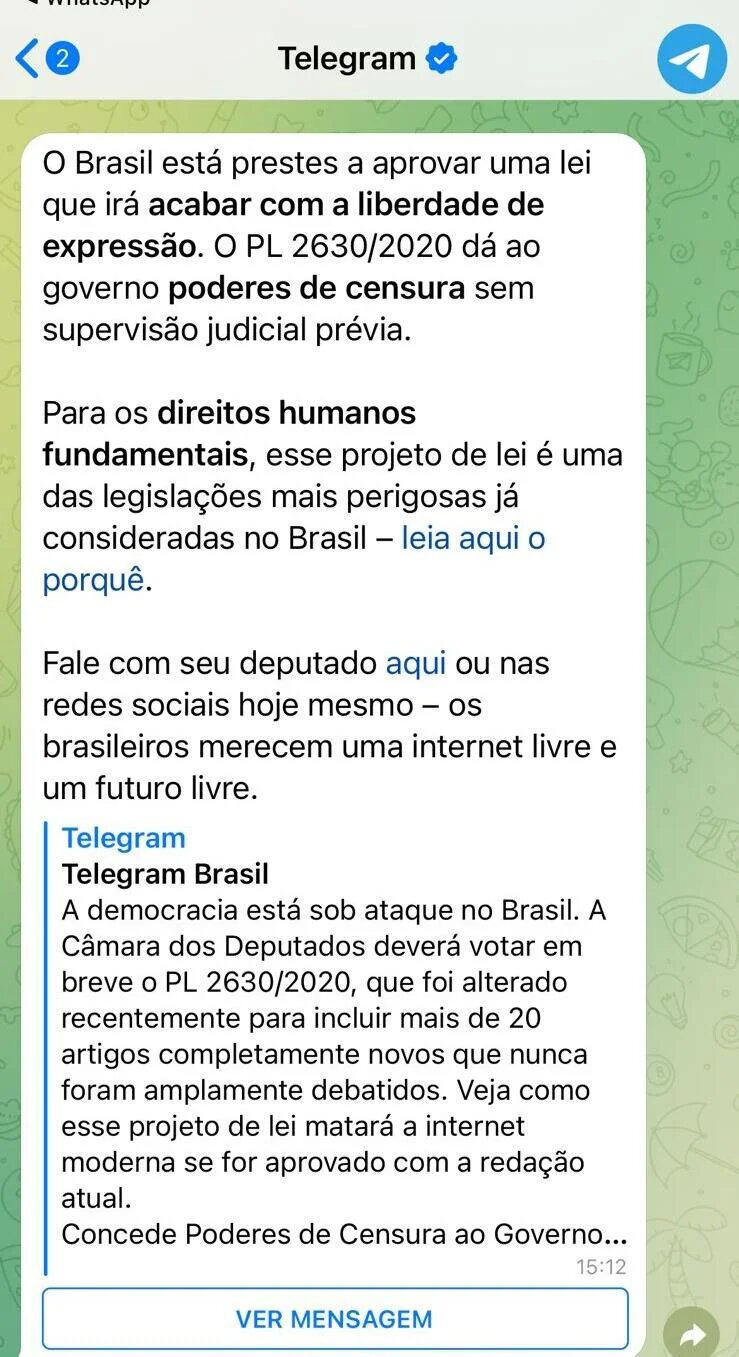 Mensagem enviada pelo Telegram 