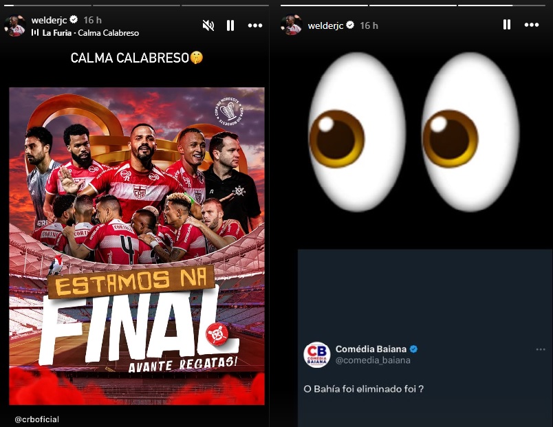 Prints da publicação do Instagram do jogador Welder, ex-Vitória; nas imagens aparecem mensagens provocando o Bahia