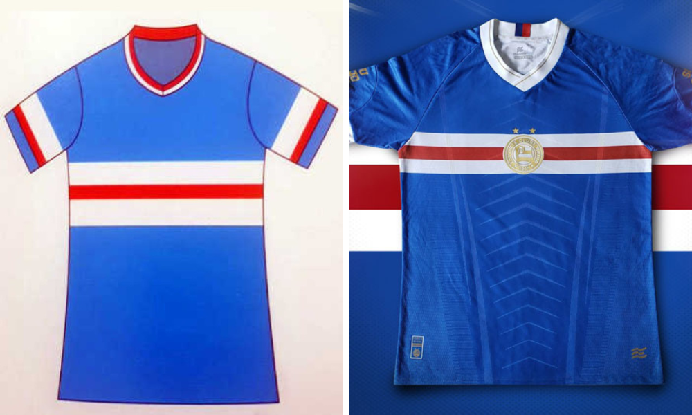 Modelo é o primeiro uniforme tricolor registrado na história do Bahia. Em 2020, ganhou uma releitura desenhada pelo torcedor Vitor Torres 