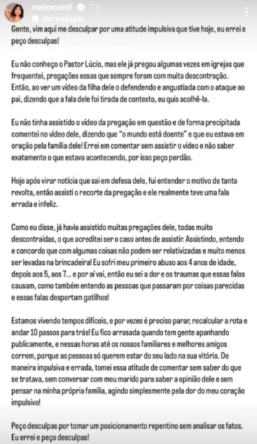 Story Maíra Cardi Nigro volta atrás e afirma não apoiar o discurso do pastor 