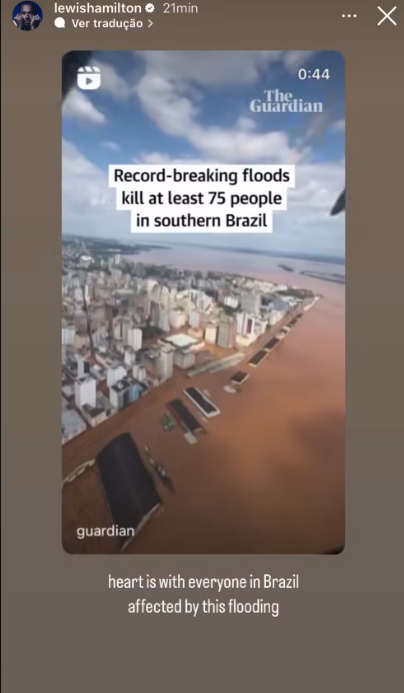 Imagem de uma publicação do piloto de Fórmula 1 Lewis Hamilton mandando mensagem para a população do Rio Grande do Sul