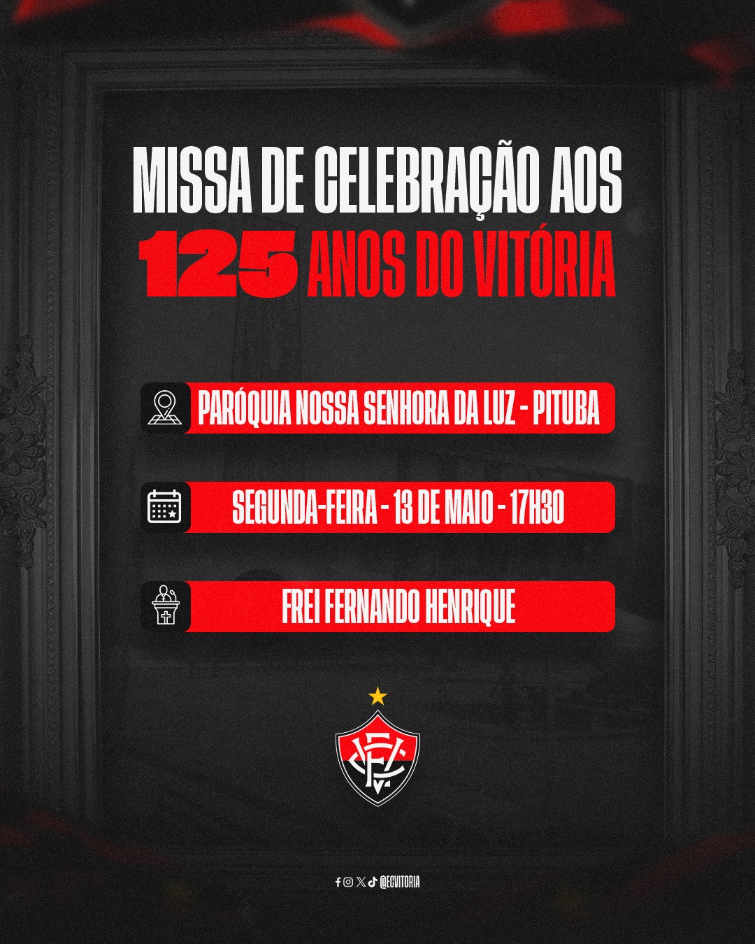Imagem de um card informativo com as cores preto e vermelho, o escudo do Vitória e informações de um evento