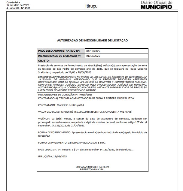 Licitação do Diário Oficial do município em 14 de maio
