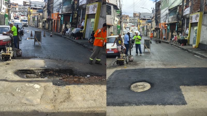 Antes x depois do serviço de tapagem do buraco / divulgação / Seman
