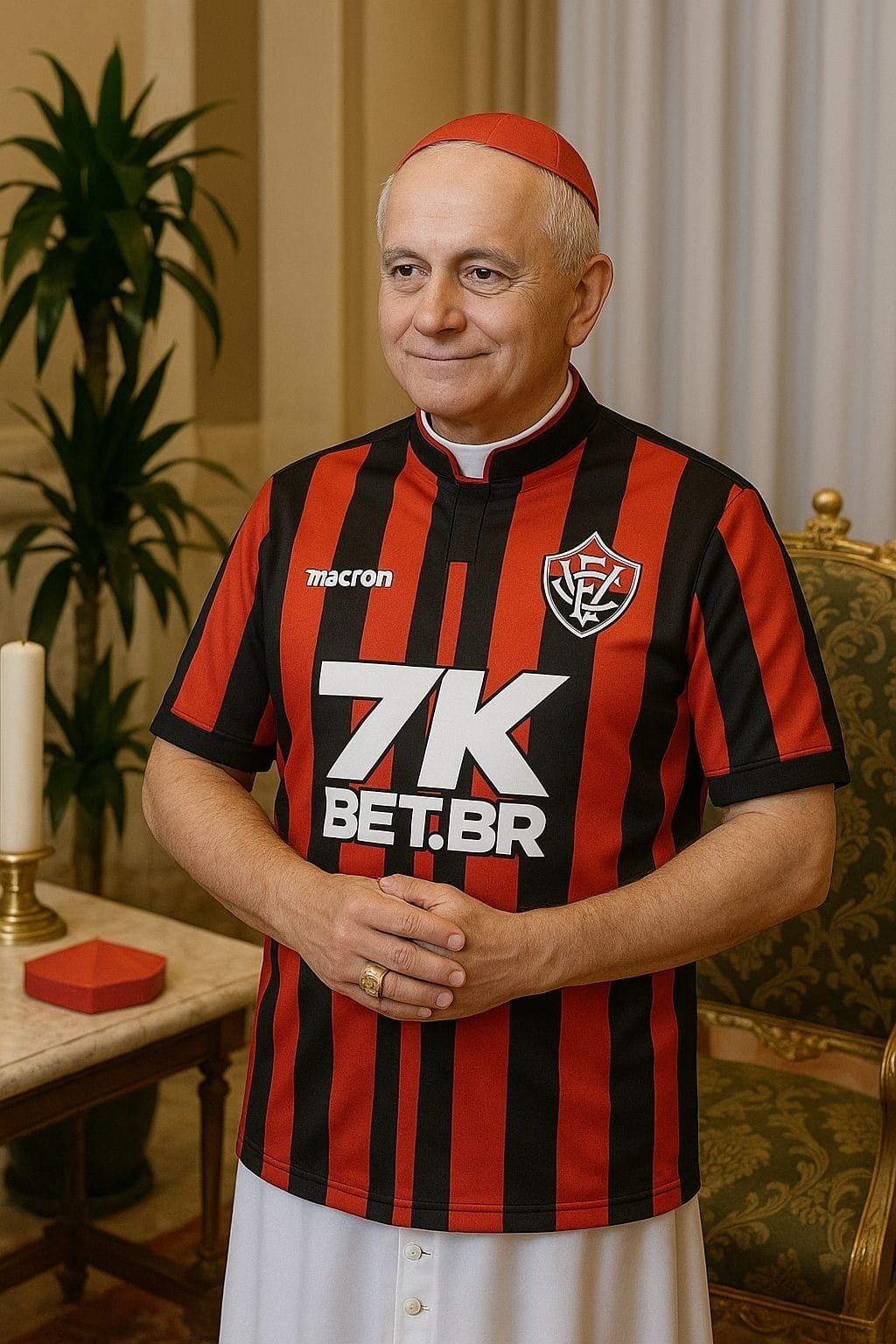 Imagem feita por IA mostrando o Papa Leão XIV com uma camisa do Vitória - Foto: Reprodução / Redes Sociais / IA