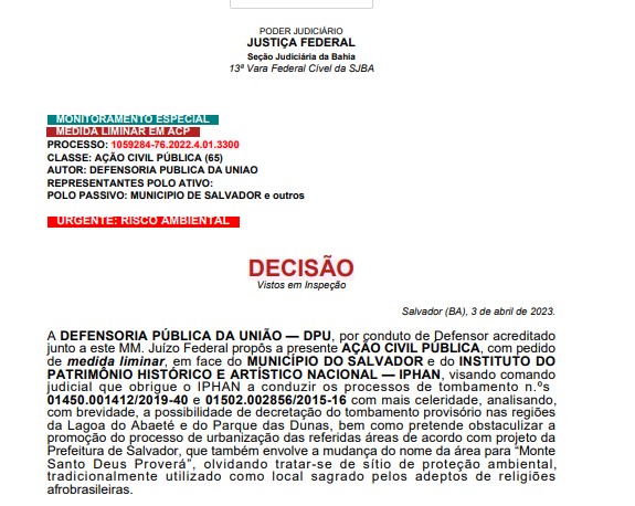 Decisão do DPU sobre tombamento da Logoa de Abaeté 