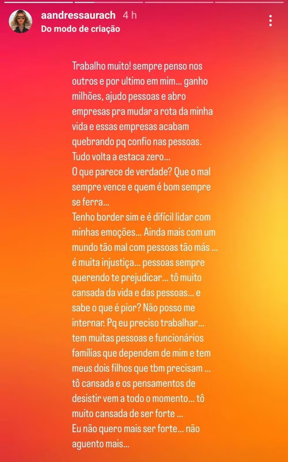 Andressa Urach faz desabafo sobre saúde mental — Foto: Reprodução/Instagram