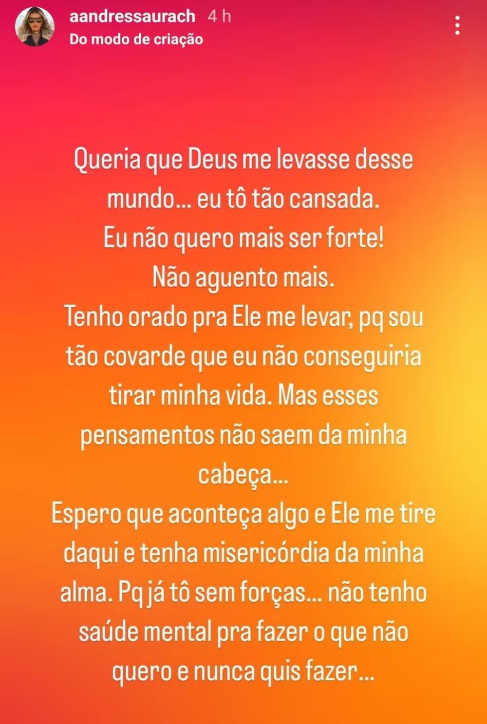 Andressa Urach faz desabafo sobre saúde mental — Foto: Reprodução/Instagram