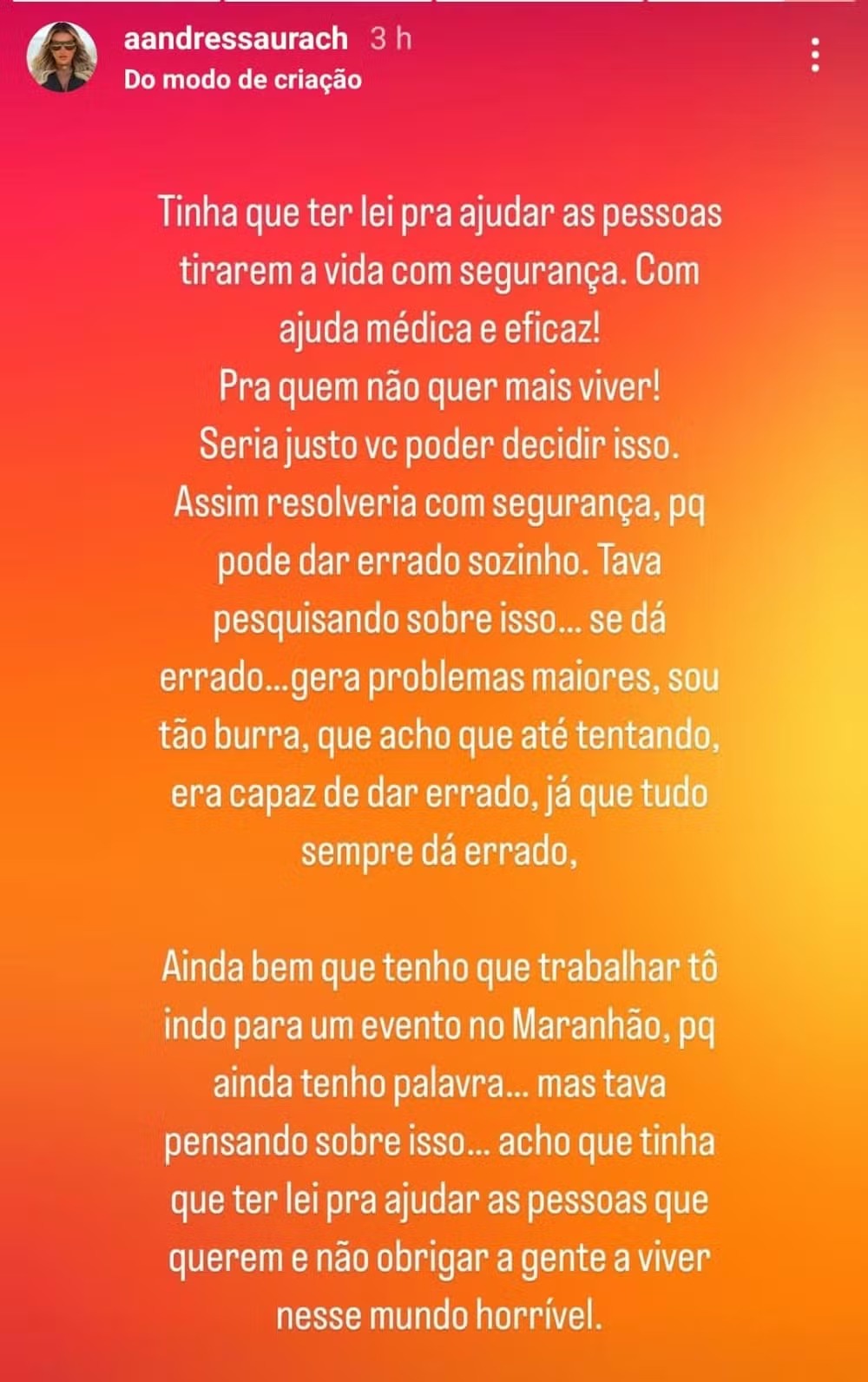 Andressa Urach faz desabafo sobre saúde mental — Foto: Reprodução/Instagram