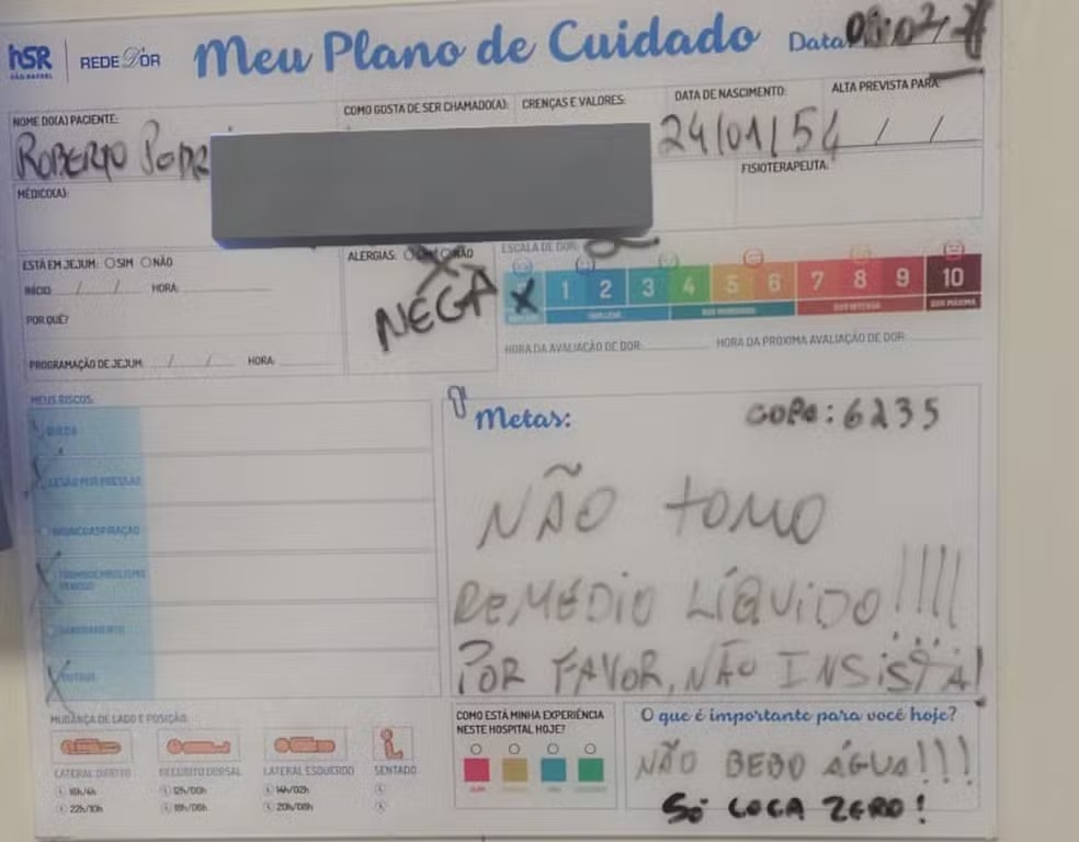 Homem deixa recado para funcionários de hospital dizendo que não bebe água — Foto: Arquivo Pessoal
