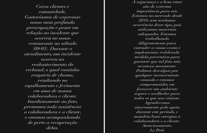 A nota oficial foi publicada no Instagram do restaurante. Foto: Rpeordução/Instagram (@lepetitriogrande)