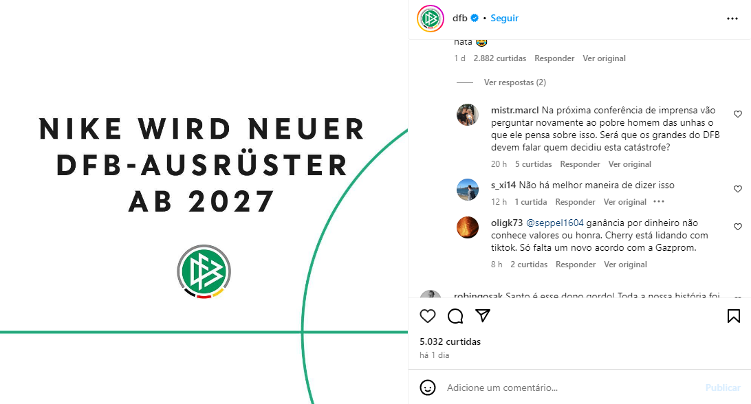 Alemãs revoltados com a troca da Adidas pela Nike | Foto: Reprodução / Redes Sociais / Instagram / @dfb