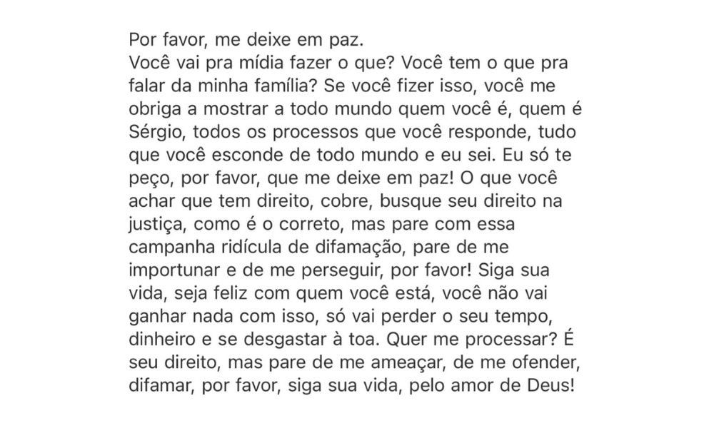 Uma das provas da quebra da medida protetiva: e-mail enviado pelo ex-namorado com ameaças caso Graziele procurasse a mídia.