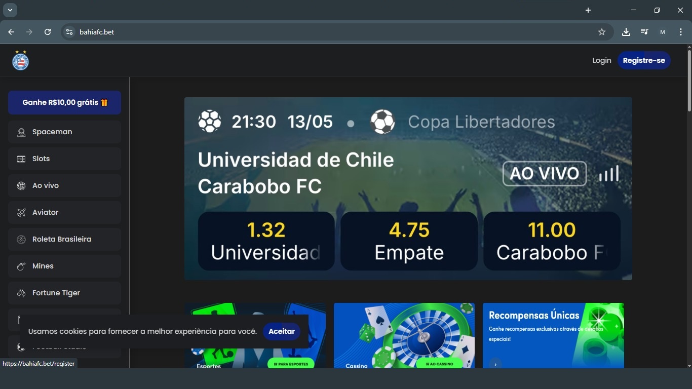 Home da plataforma fraudulenta "bahiafc.bet"