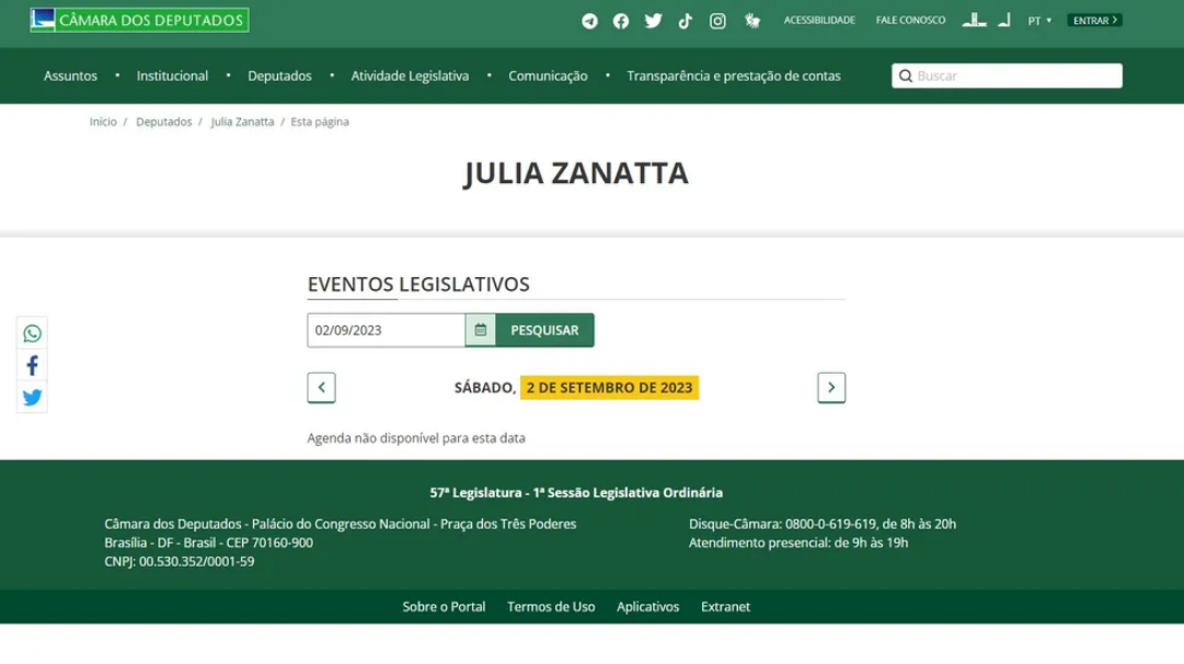 Captura de tela do site da Câmara dos Deputados