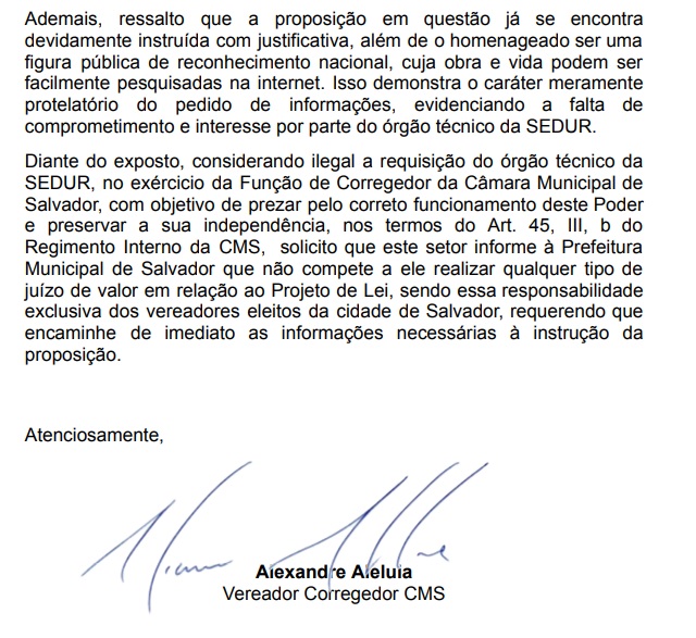Mensagem interna enviada pelo vereador em resposta à área técnica da Sedur  (Foto: BNews)