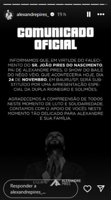 Comunicado de cancelamento do show de Alexandre Pires. Reprodução/Instagram