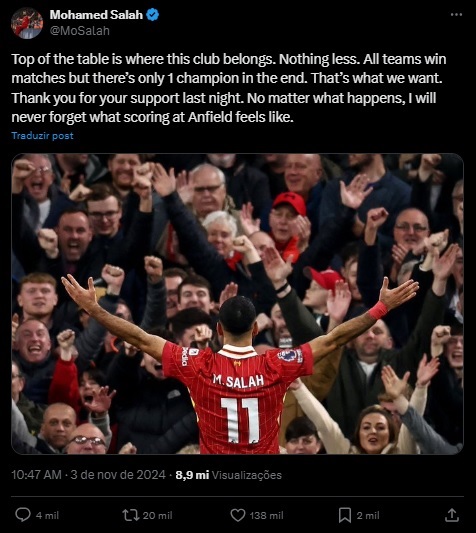 Print de publicação de Mohamed Salah - Foto: Reprodução / Redes Sociais / X / Twitter / @MoSalah